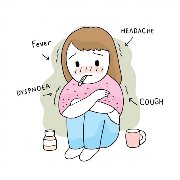 Cartoon cute Coronavirus, COVID-19, Woman sickness and  fever .