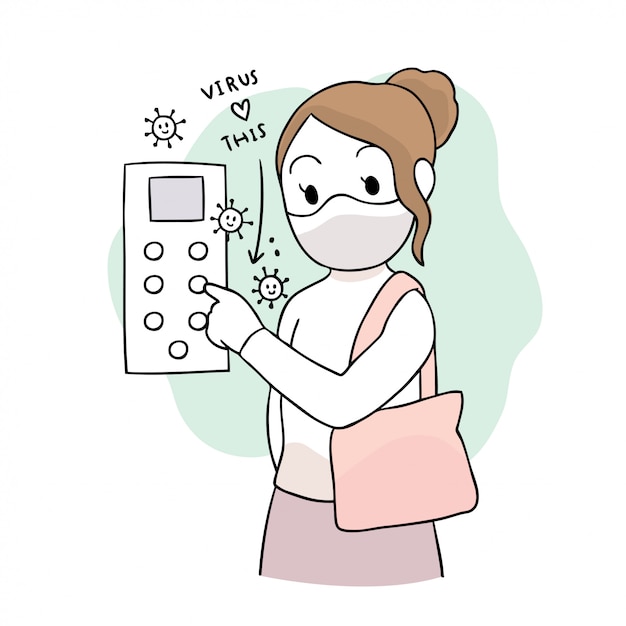 Cartoon cute Coronavirus, COVID-19, woman and virus in lift.