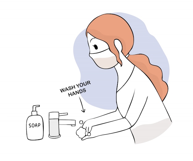 Cartoon cute coronavirus, covid-19, woman wash hands by soap