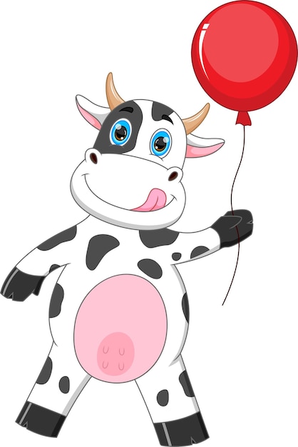 Cartone animato carino mucca che tiene palloncino