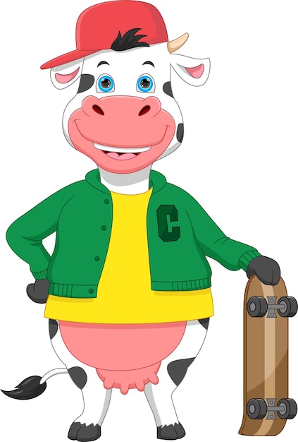 Vector cartoon cute cow skateboarding on white background