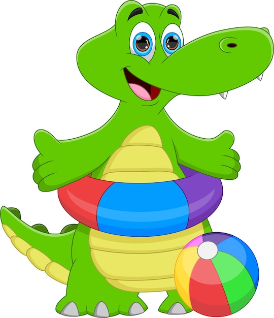 Coccodrillo simpatico cartone animato con la palla gonfiabile e l'anello di nuoto gonfiabile