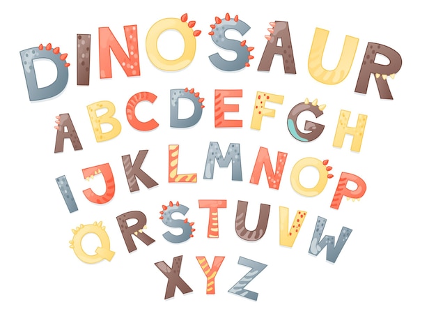 만화 귀여운 디노 알파벳입니다. 글자가 있는 공룡 글꼴입니다. 티셔츠, 카드, 포스터, 생일 파티 이벤트, 종이 디자인, 어린이 및 보육 디자인을 위한 어린이 벡터 그림