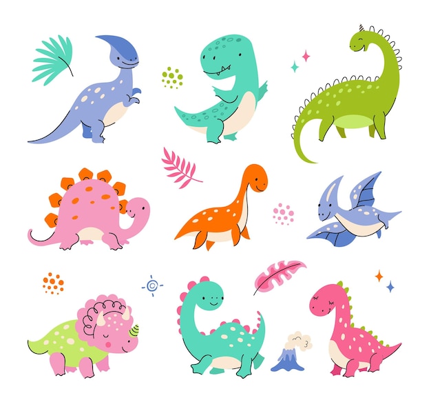 Cartoon cute dino characters Little dinosaurs color isolated dinosaur baby friend Fashion babies wild animal funny prehistoric nowaday vector animals Illustration of character dino