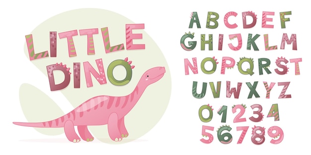 Cartoon cute Dinosaur alphabet for girl. Dino font with letters and numbers. Children Vector illustration for t-shirts, cards, posters, birthday party events, paper design, kids and nursery design