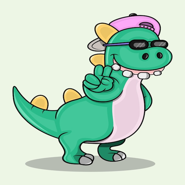 Cartoon cute dinosaur showing two fingers