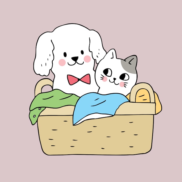 Cartoon cute  dog and cat in basket