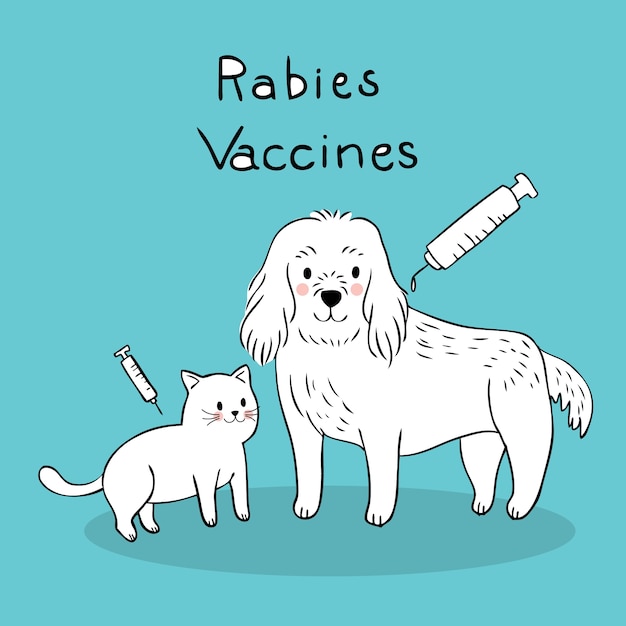 Cartoon cute dog and cat take vaccinated rabies vector.