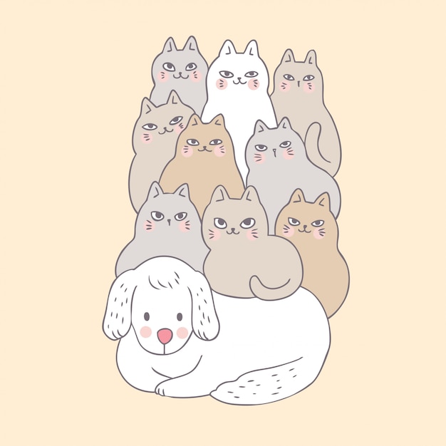 Мультяшный милая собака и кошки.