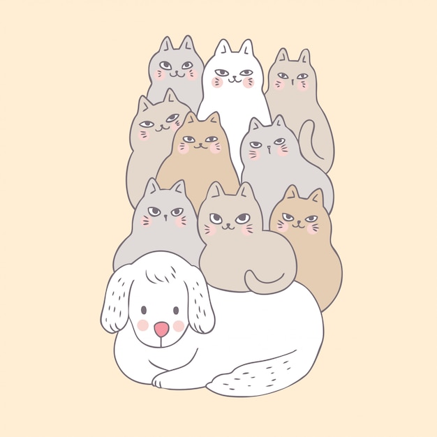 Vector cartoon cute dog and cats.