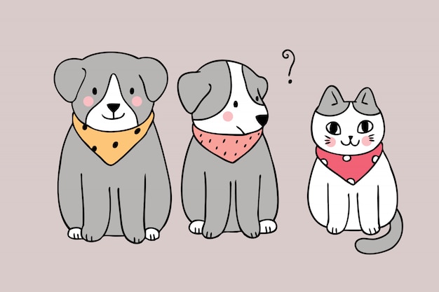 Cartoon cute dogs and cat