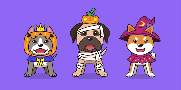 Vector cartoon cute dogs with halloween costumes