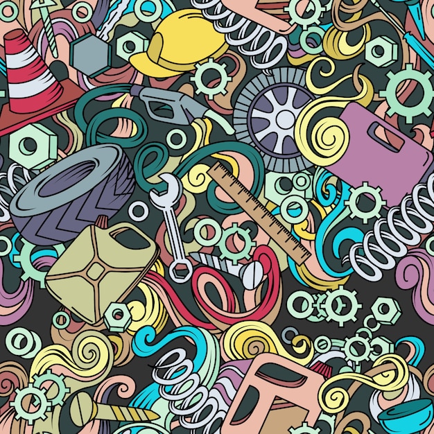 Cartoon cute doodles hand drawn Auto service seamless pattern.