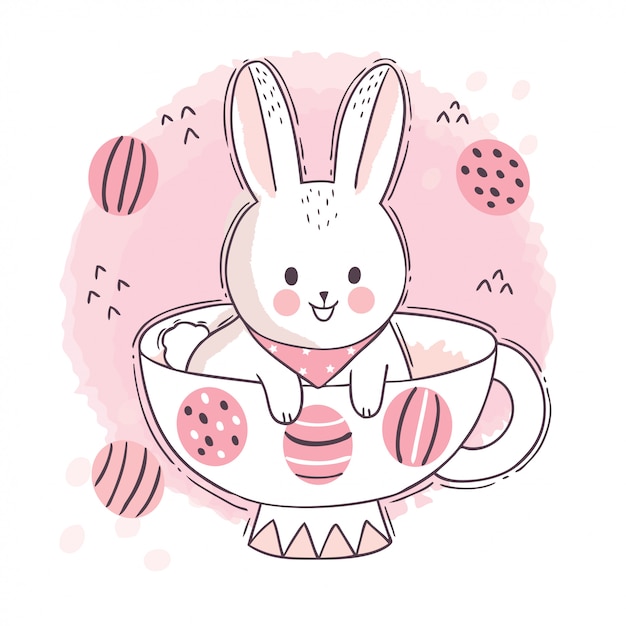 Cartoon cute Easter Day, White rabbit and coffee cup