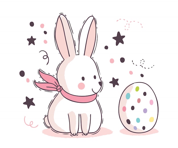 Cartoon cute easter day, white rabbit and sweet egg