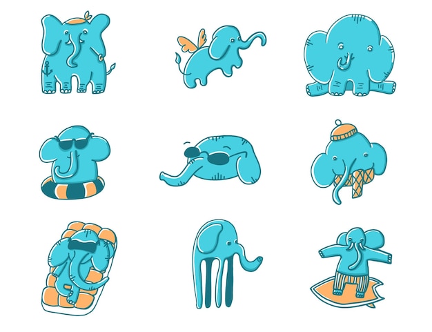 Cartoon cute elephants vector illustration set in flat style African safari animals