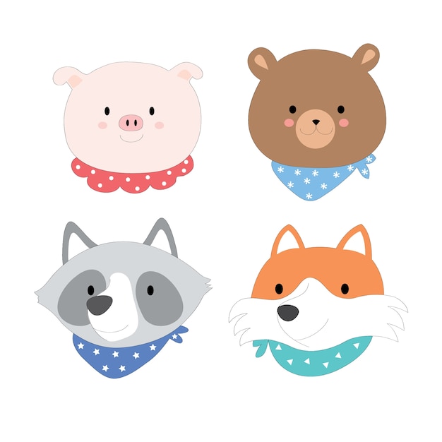 Vector cartoon cute face animals