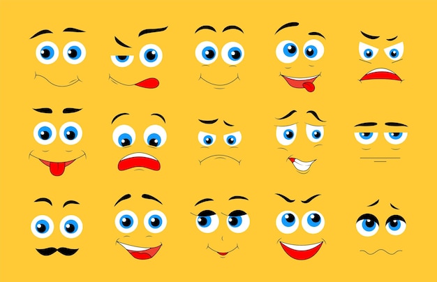 Vector cartoon cute faces. funny caricature characters with different expressions. vector modern set