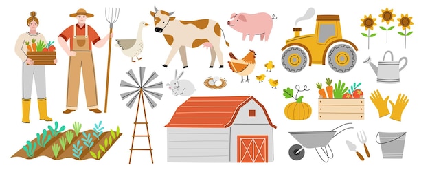 Vector cartoon cute farm elements funny farmers couple hold pitchfork and vegetables box domestic animals and birds village objects vector setjpg