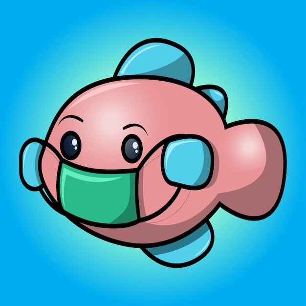 Cartoon cute fat fish wearing a mask