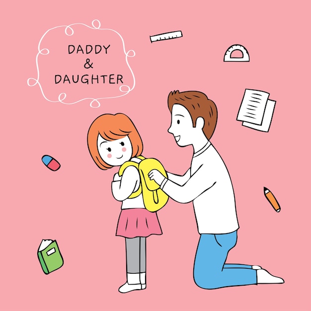벡터 만화 귀여운 아버지와 딸은 학교에 간다.
