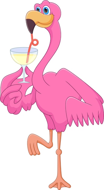 cartoon cute flamingo drinking on white background