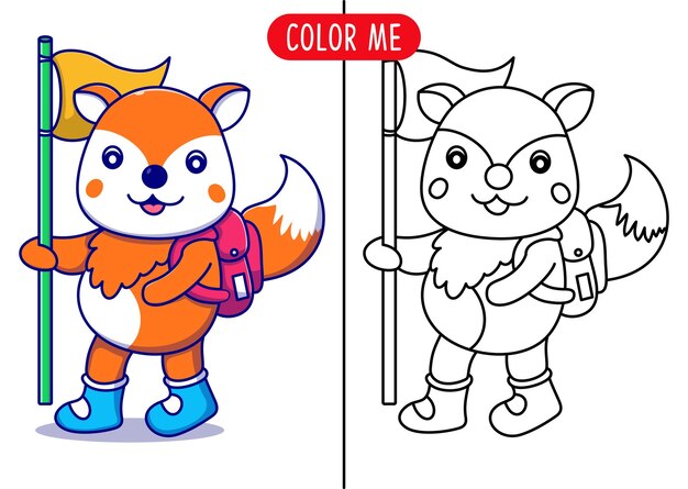 cartoon cute fox funny with flag coloring page or book for kids