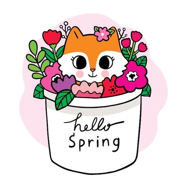 Vector cartoon cute fox and  sweet flower in pot vector