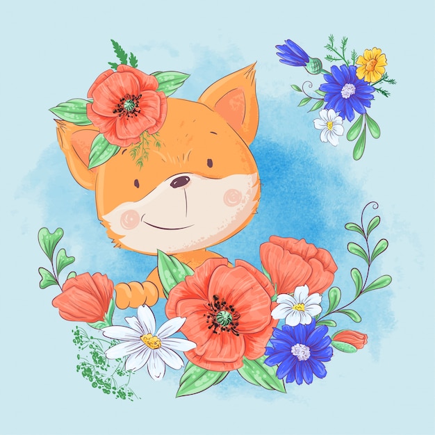 Cartoon cute fox in a wreath of red poppies and cornflowers