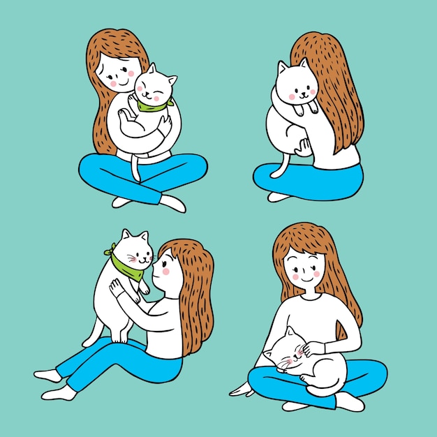 Vector cartoon cute friendship woman and cat vector.