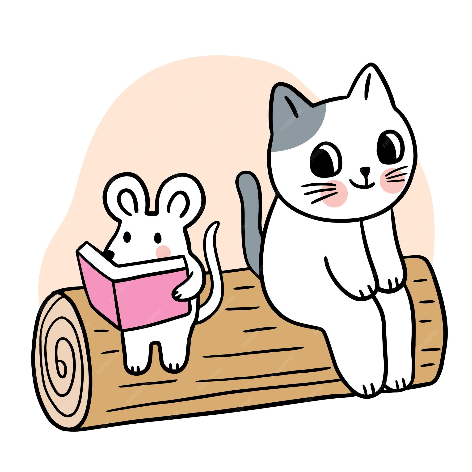 Premium Vector | Cartoon cute funny cat and mouse reading book vector. Premium Vector | Cartoon cute funny cat and mouse reading book vector.