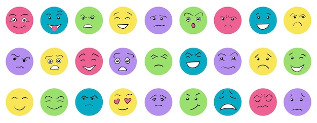 Vector cartoon cute and funny faces with positive and negative emotions