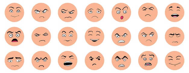 Cartoon cute and funny faces with positive and negative emotions