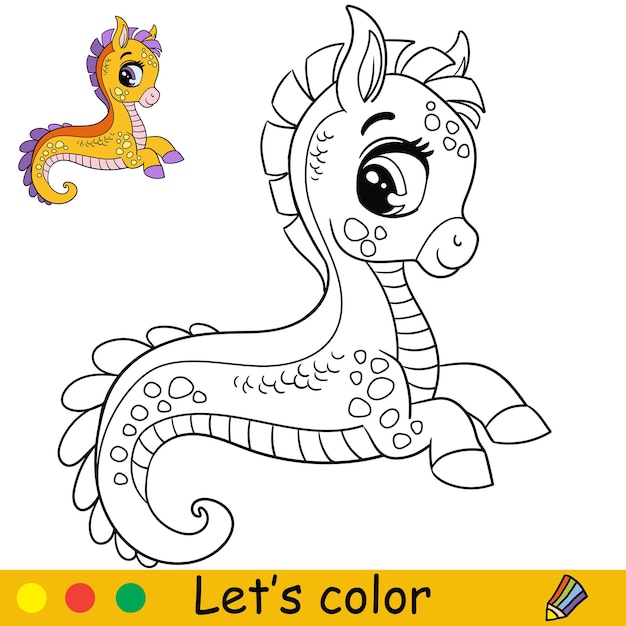 Cartoon cute and funny fantasy sea horse coloring