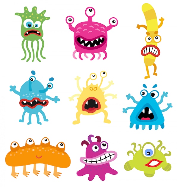 Cartoon cute and funny monsters and bacterias pack