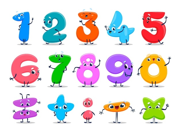 Cartoon carino personaggi numerici divertenti personaggi matematici vettoriali con sorrisi felici matematica e istruzione scolastica font color infantile di cifre aritmetiche più meno volte divisione e segni di uguaglianza