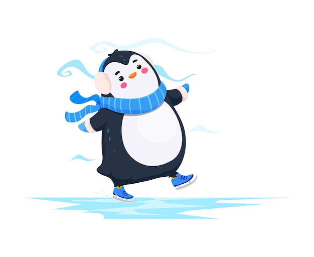 Cartoon cute funny penguin character gracefully skates on the icy rink showcasing its funny and playful nature Vector northern baby bird adorable personage enjoy skating winter activities and fun