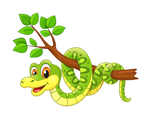 Serpente di pitone divertente sveglio del fumetto sull'albero della giungla