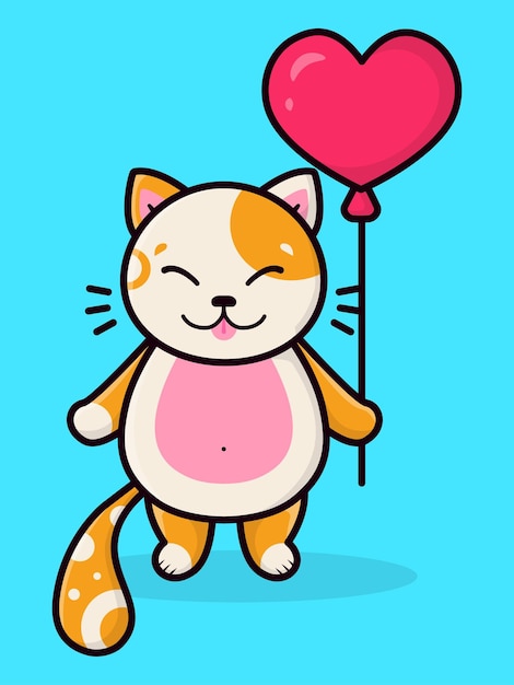 Cartoon cute ginger kitten with heart balloon Children's card children's poster