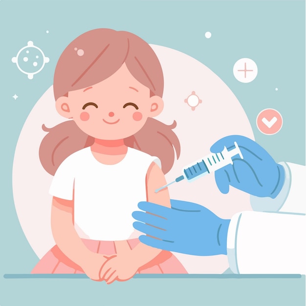 Vector cartoon cute girl being immunized in flat design style