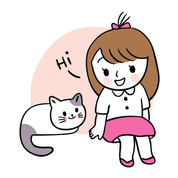 cartoon cute girl and cat friendship vector