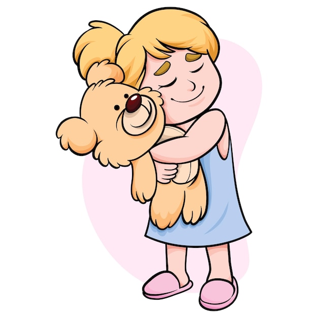 Cartoon cute girl hug a bear doll