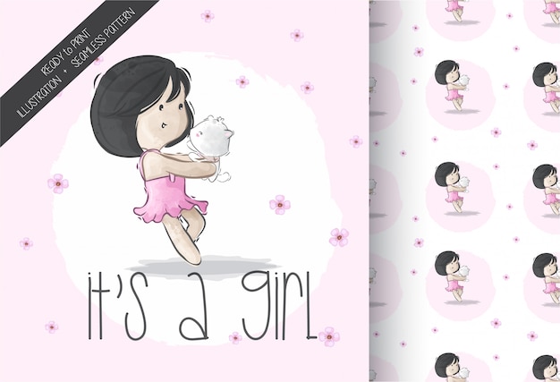 Cartoon cute girl playing with pets seamless pattern