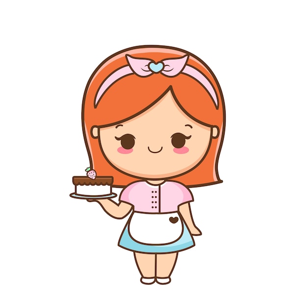 Cartoon cute girl with cake illustration premium vector