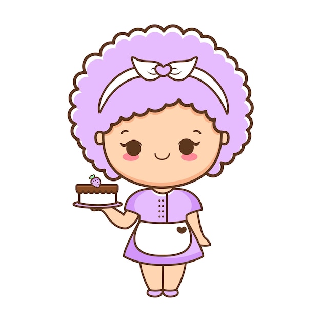 Cartoon cute girl with cake illustration premium vector