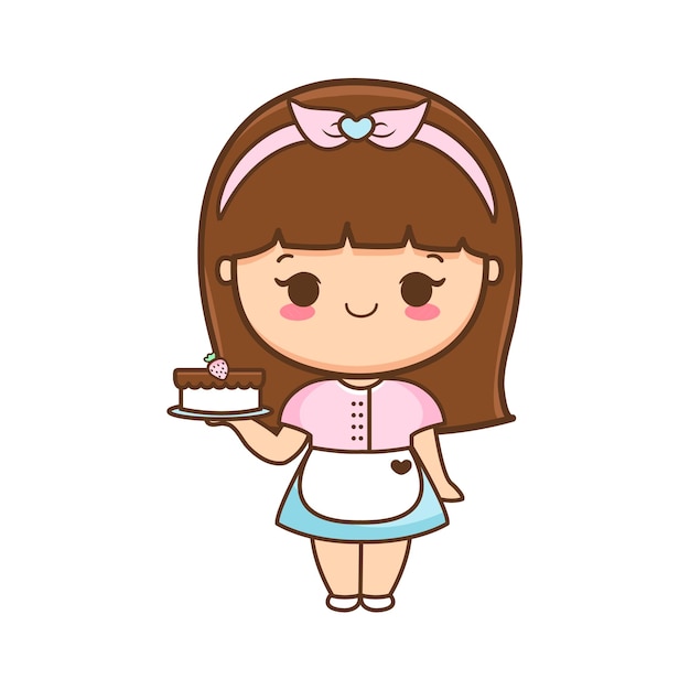 Cartoon cute girl with cake illustration premium vector