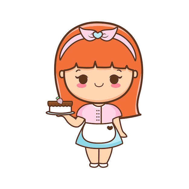 Cartoon cute girl with cake illustration premium vector