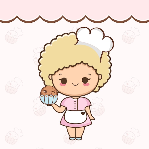 Cartoon cute girl with cupcake illustration Vector