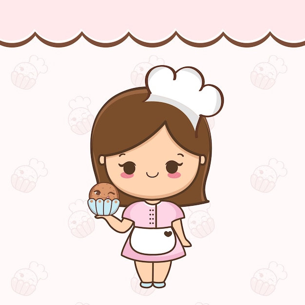 Ragazza carina cartone animato con cupcake illustrazione vettoriale