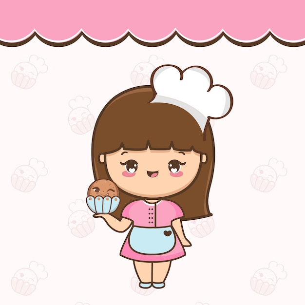 Ragazza carina cartone animato con illustrazione cupcake vettoriale